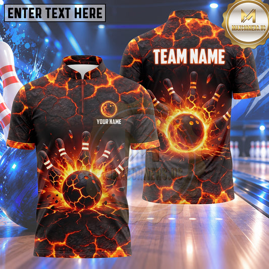 Maxcorners Bowling Cracked Stone Lava Electric Lightning Shockwave Bowling Ball Strike Crashing Pins Multi Options Personalized Name, Team Name Unisex 3D Shirt (4 Colors)
