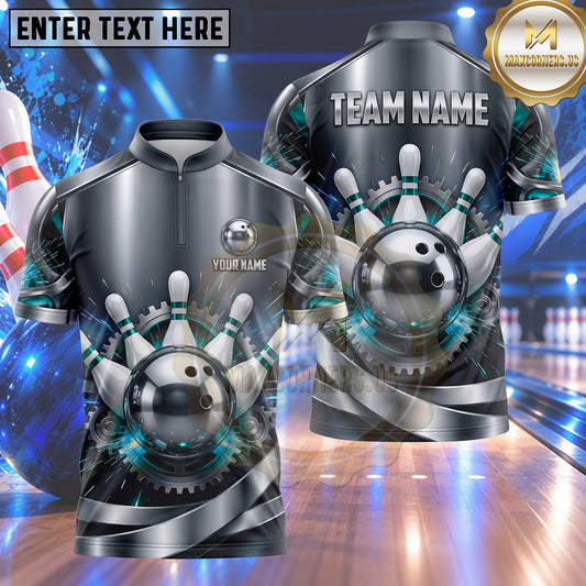 Maxcorners Bowling Metallic Gears Engine Wheel Mechanical Armor Panel Bowling Ball Strike Crashing Pins Multi Options Personalized Name, Team Name Unisex 3D Shirt (5 Colors)