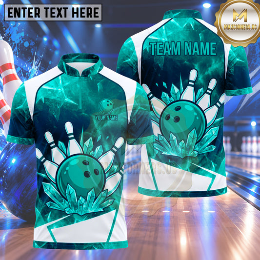 Maxcorners Bowling Ice Crystal Gemstones Frozen Glacier Burst Bowling Ball Strike Crashing Pins Multi Options Personalized Name, Team Name Unisex 3D Shirt (4 Colors)