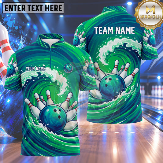 Maxcorners Bowling Ocean Waves Water Splash Swirls Bowling Ball Strike Crashing Pins Multi Options Personalized Name, Team Name Unisex 3D Shirt (4 Colors)