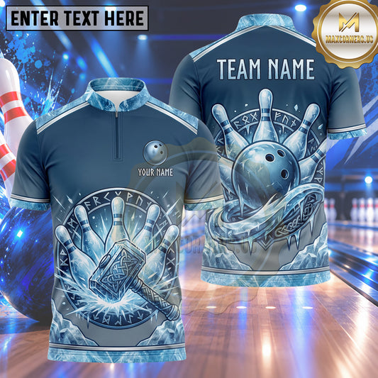 Maxcorners Bowling Viking Mjolnir Thor Hammer Rune Circle Energy Blast Bowling Ball Strike Crashing Pins Multi Options Personalized Name, Team Name Unisex 3D Shirt (4 Colors)