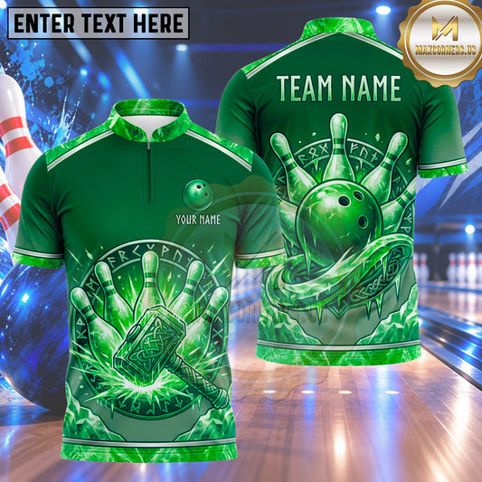 Maxcorners Bowling Viking Mjolnir Thor Hammer Rune Circle Energy Blast Bowling Ball Strike Crashing Pins Multi Options Personalized Name, Team Name Unisex 3D Shirt (4 Colors)