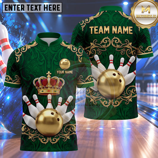 Maxcorners Bowling Royal Crown Vintage Filigree Scroll Pattern Frame Bowling Ball Strike Crashing Pins Multi Options Personalized Name, Team Name Unisex 3D Shirt (4 Colors)