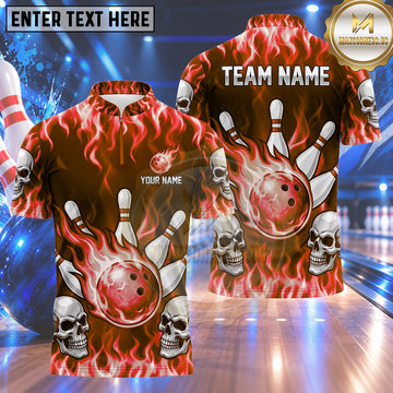 Maxcorners Bowling Fiery Flaming Skulls Inferno Flame Burst Bowling Ball Strike Crashing Pins Multi Options Personalized Name, Team Name Unisex 3D Shirt (5 Colors)