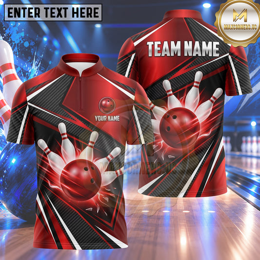 Maxcorners Bowling Geometric Racing Stripes Carbon Fiber Texture Shattered Glass Bowling Ball Crashing Pins Multi Options Personalized Name, Team Name Unisex 3D Shirt (4 Colors)