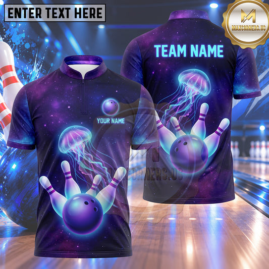 Maxcorners Bowling Glowing Jellyfish Galaxy Cosmic Space Floating Bowling Ball Strike Crashing Pins Multi Options Personalized Name, Team Name Unisex 3D Shirt (4 Colors)