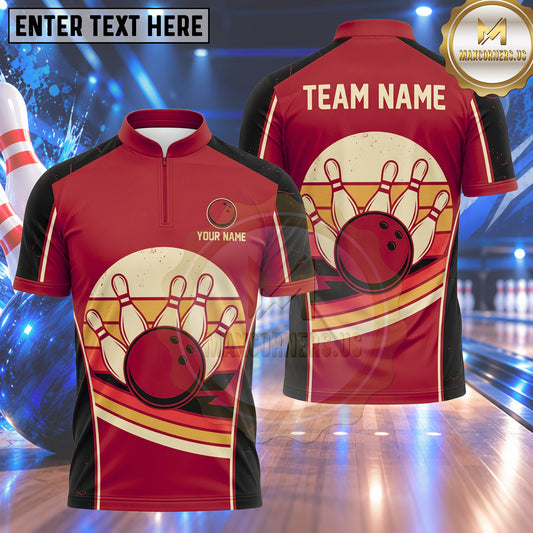 Maxcorners Bowling Vintage Retro Sunset Striped Badge Horizon Curved Lines Bowling Ball Strike Crashing Pins Multi Options Personalized Name, Team Name Unisex 3D Shirt (5 Colors)