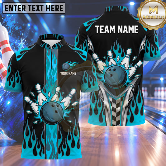 Maxcorners Bowling Racing Flames Checkered Grid Border Fast Speed Bowling Ball Strike Crashing Pins Multi Options Personalized Name, Team Name Unisex 3D Shirt (4 Colors)