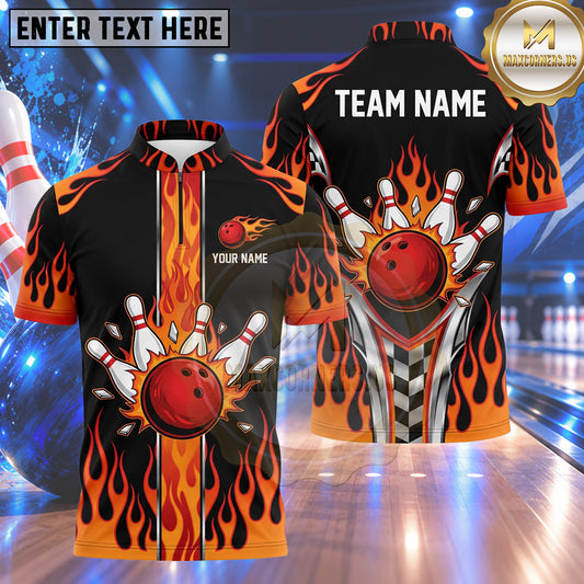 Maxcorners Bowling Racing Flames Checkered Grid Border Fast Speed Bowling Ball Strike Crashing Pins Multi Options Personalized Name, Team Name Unisex 3D Shirt (4 Colors)
