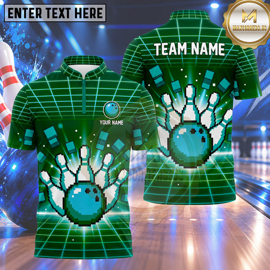 Maxcorners Bowling Retro 8-Bit Pixel Art Cyberpunk Grid Matrix Bowling Ball Strike Crashing Pins Multi Options Personalized Name, Team Name Unisex 3D Shirt (4 Colors)