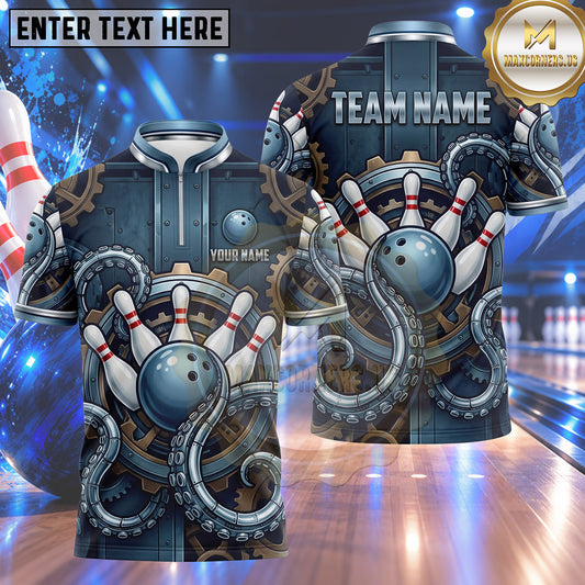 Maxcorners Bowling Steampunk Metallic Octopus Tentacles Gears Wheel Engine Panel Bowling Ball Strike Crashing Pins Multi Options Personalized Name, Team Name Unisex 3D Shirt