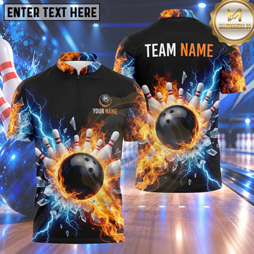 Maxcorners Bowling Fire and Ice Shattered Glass Inferno Flame Lightning Blast Bowling Ball Strike Crashing Pins Multi Options Personalized Name, Team Name Unisex 3D Shirt