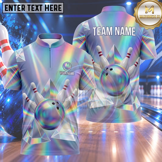 Maxcorners Bowling Holographic Prism Diamond Reflections Rainbow Crystal Glow Bowling Ball Strike Crashing Pins Multi Options Personalized Name, Team Name Unisex 3D Shirt