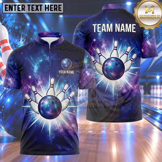 Maxcorners Bowling Deep Space Galaxy Cosmic Nebula Star Burst Glow Bowling Ball Strike Crashing Pins Multi Options Personalized Name, Team Name Unisex 3D Shirt