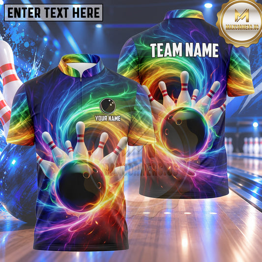Maxcorners Bowling Cosmic Energy Vortex Aurora Plasma Swirls Bowling Ball Strike Crashing Pins Multi Options Personalized Name, Team Name Unisex 3D Shirt