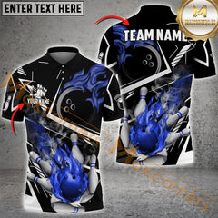 Maxcorners Bowling Ball & Pins Fire Bowling Ball Pattern Personalized Name, Team Name 3D Polo Shirt (4 Colors)