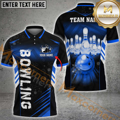 Maxcorners Electronic Light Bowling Ball & Pins Personalized Name, Team Name 3D Polo Shirt (4 Colors)