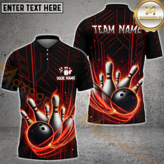 Maxcorners Fire Bowling Ball & Pins Electric Pattern Personalized Name, Team Name 3D Polo Shirt (4 Colors)