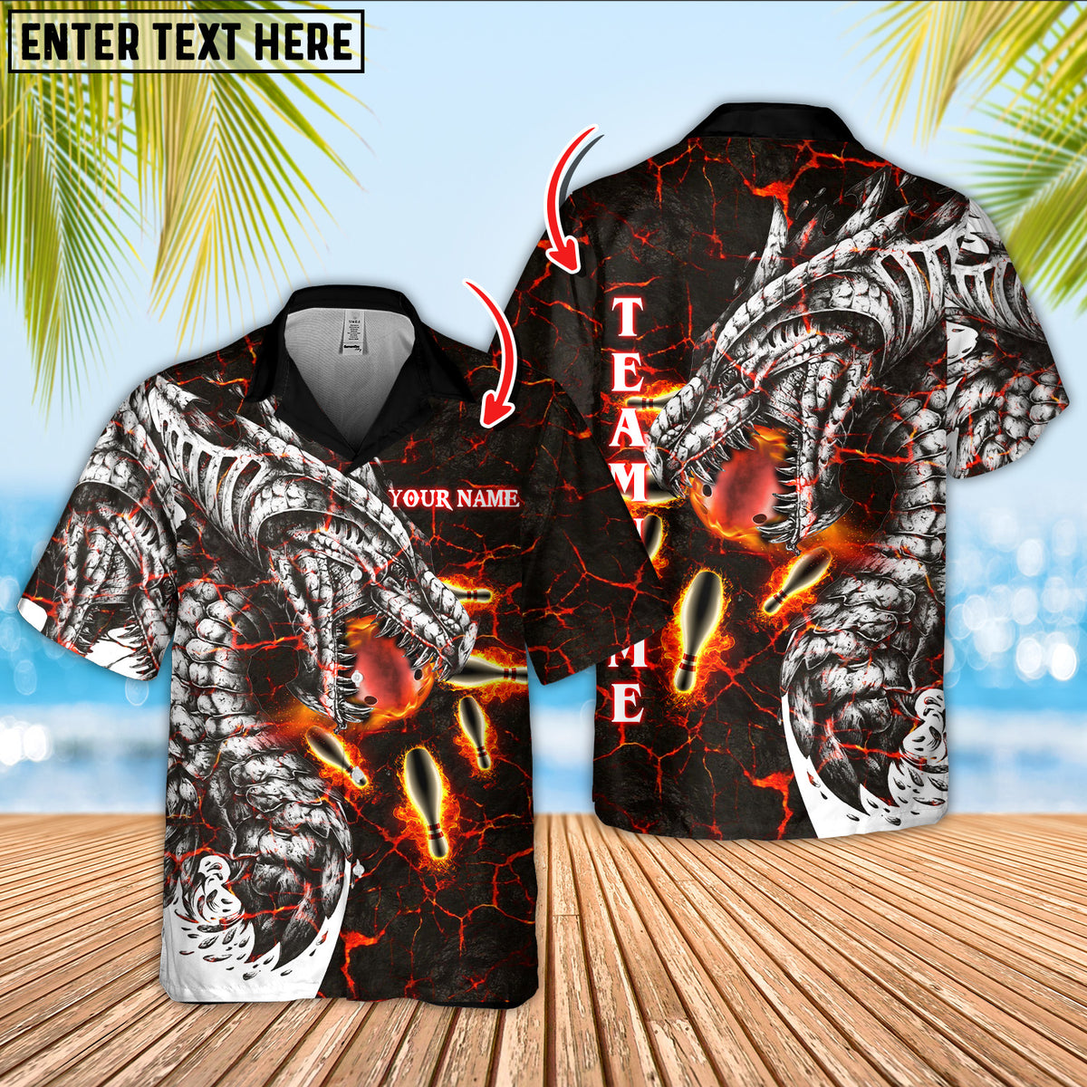 Maxcorners Magma Dragon Bowling And Pins Option Customized Name Hawaiian Shirt (4 Colors)