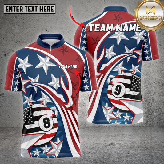 Maxcorners Billiard Ball 8 USA Flag Pattern Multicolor Option Customized Name, Team Name 3D Polo Shirt (4 Colors)