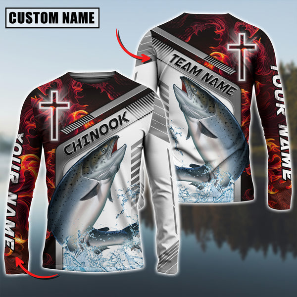 Maxcorner Chinook Fishing Red Flame With Cross Pattern Sun Protection Personalized Name And Team Name Long Sweat Shirt