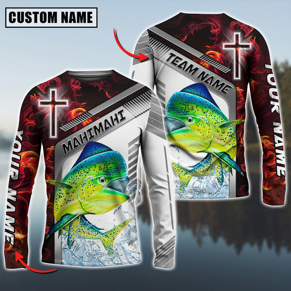 Maxcorner Mahi-mahi Fishing Red Flame With Cross Pattern Sun Protection Personalized Name And Team Name Long Sweat Shirt