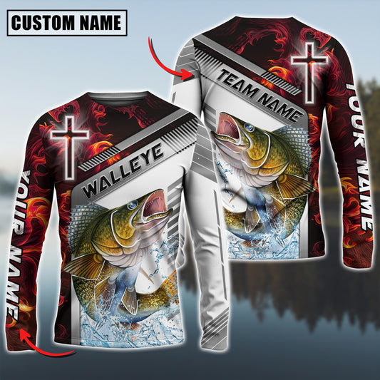 Maxcorner Fishing Red Flame With Cross Pattern Sun Protection Personalized Name And Team Name Long Sweat Shirt (6 Fish Species)