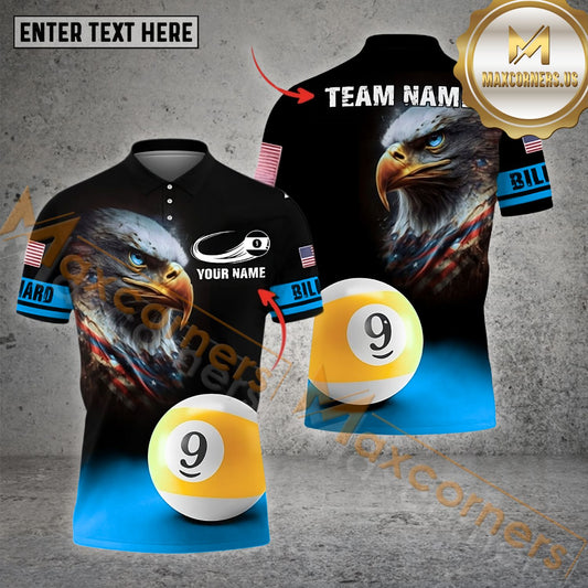 Maxcorners Billiard 9 Ball Eagle American Flag Multicolor Options Personalized Name, Team Name 3D Polo Shirt (4 Colors)