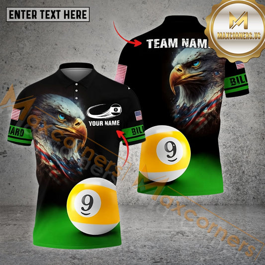 Maxcorners Billiard 9 Ball Eagle American Flag Multicolor Options Personalized Name, Team Name 3D Polo Shirt (4 Colors)