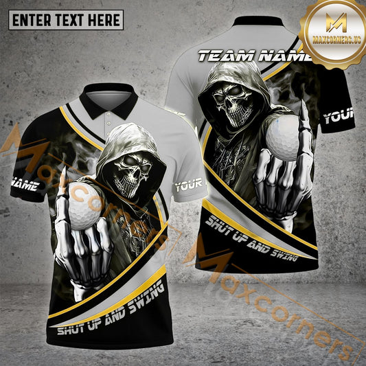 Maxcorners Golf Customized Name Skull Gang Shut Up And Swing Pattern Multicolor Sport Jersey Pattern Custom 3D Polo Shirt (4 Colors)