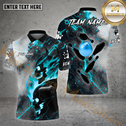 Maxcorner Bowling Warrior Skull Bowling Electronic Fire Pattern Multicolor Option Customized Name 3D Shirt (4 Colors)