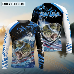 Maxcorners Bass Fishing American Flag Blue Seawave Pattern Sport Custom Name & Team Name 3D Shirts
