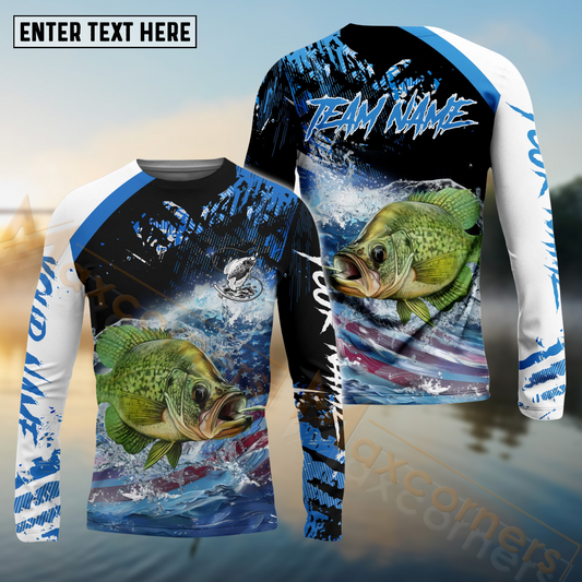 Maxcorners Crappie Fishing American Flag Blue Seawave Pattern Sport Custom Name & Team Name 3D Shirts