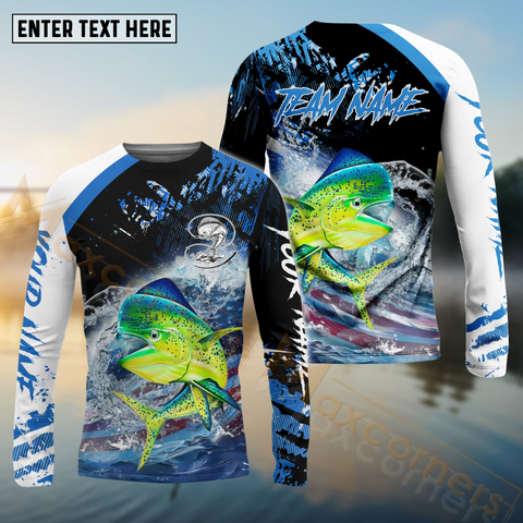 Maxcorners Mahi-Mahi Fishing American Flag Blue Seawave Pattern Sport Custom Name & Team Name 3D Shirts