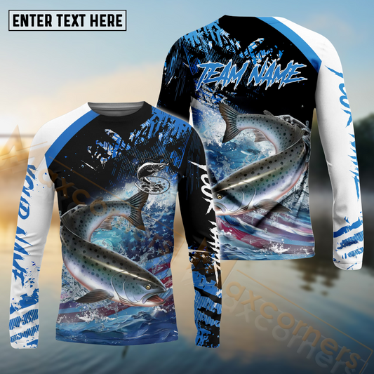 Maxcorners salmon Fishing American Flag Blue Seawave Pattern Sport Custom Name & Team Name 3D Shirts