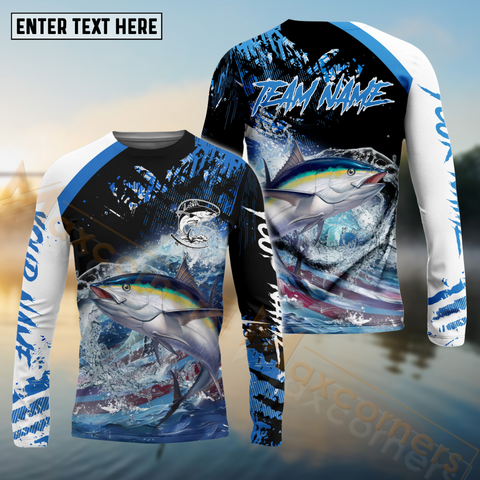 Maxcorners Tuna Fishing American Flag Blue Seawave Pattern Sport Custom Name & Team Name 3D Shirts
