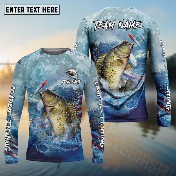 Maxcorners Crappie Fishing USA Flag Blue Seawave Pattern Sport Custom Name & Team Name 3D Shirts