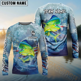 Maxcorners Mahi-Mahi Fishing USA Flag Blue Seawave Pattern Sport Custom Name & Team Name 3D Shirts