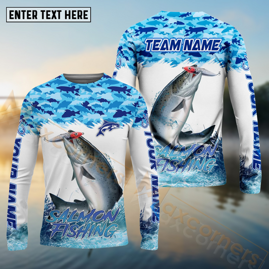 Maxcorners Salmon Fishing Blue Water School Of Fish Pattern Sport Custom Name & Team Name 3D Shirts