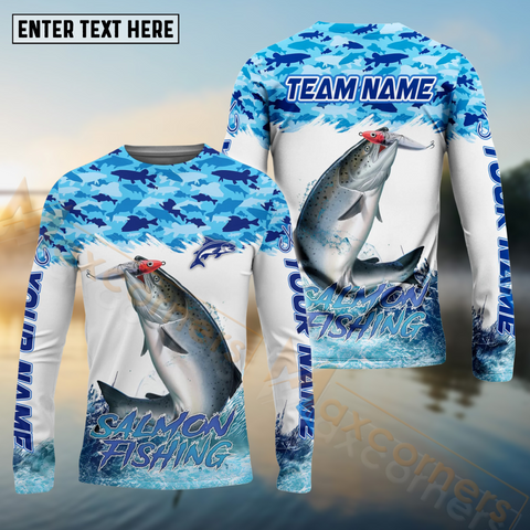 Maxcorners Salmon Fishing Blue Water School Of Fish Pattern Sport Custom Name & Team Name 3D Shirts