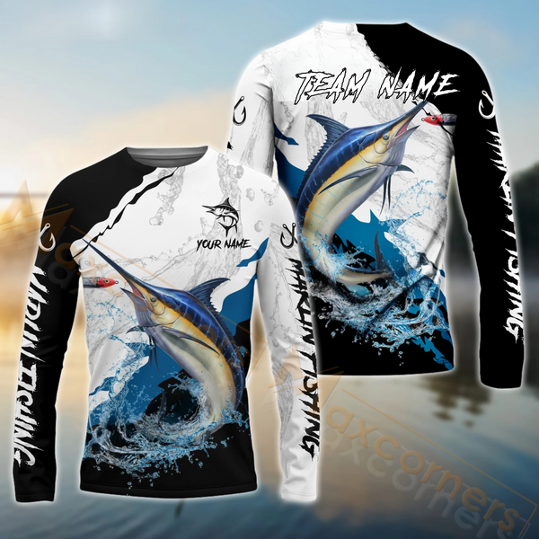 Maxcorners Marlin Fishing Black White Water Pattern Sport Custom Name & Team Name 3D Shirts