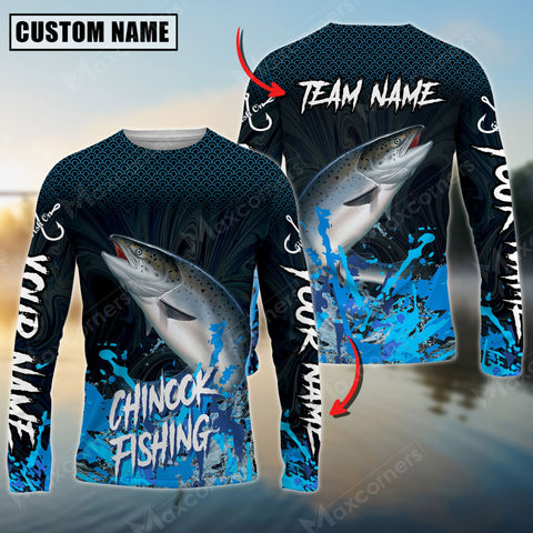 Maxcorner Chinook Fishing Blue Wave Pattern Personalized 3D Long Sleeve Shirt