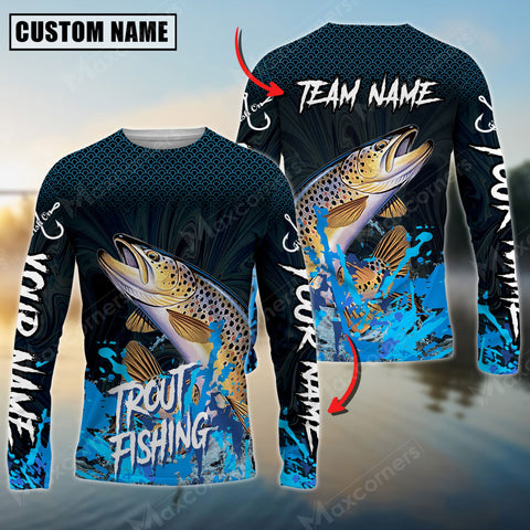 Maxcorner Trout Fishing Blue Wave Pattern Personalized 3D Long Sleeve Shirt