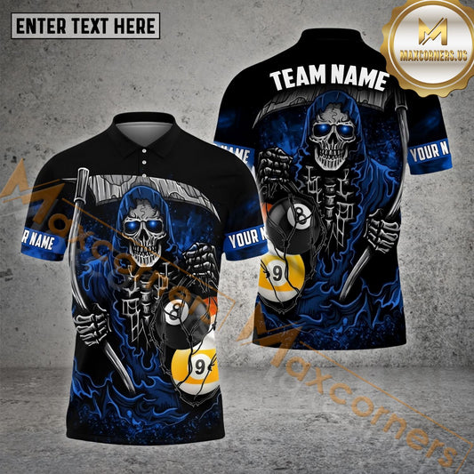 Maxcorners Billiard 8 Ball & 9 Ball Death Reaper Multicolor Options Personalized Name, Team Name 3D Polo Shirt (4 Colors)