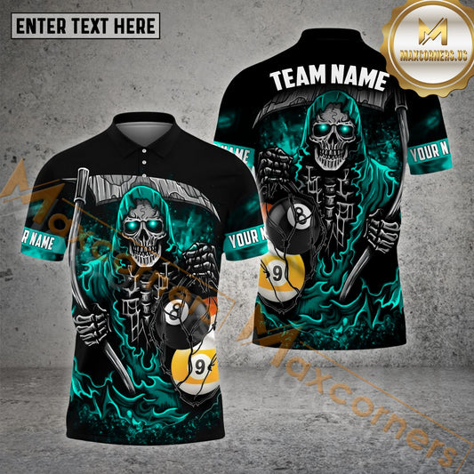 Maxcorners Billiard 8 Ball & 9 Ball Death Reaper Multicolor Options Personalized Name, Team Name 3D Polo Shirt (4 Colors)