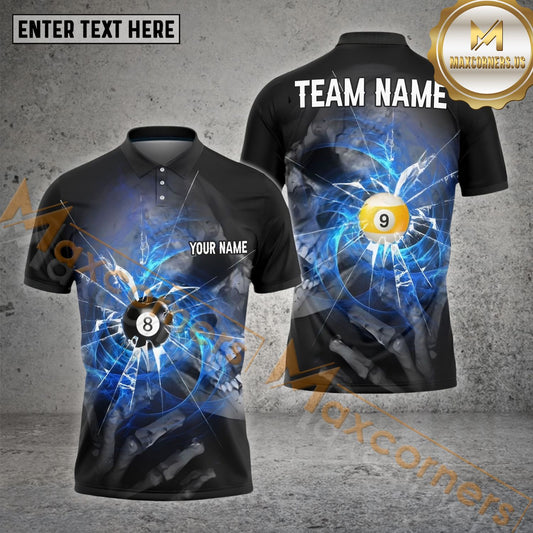 Maxcorners Billiard 8 Ball & 9 Ball Spinning Wind Skull Eye Multicolor Options Personalized Name, Team Name 3D Polo Shirt (4 Colors)