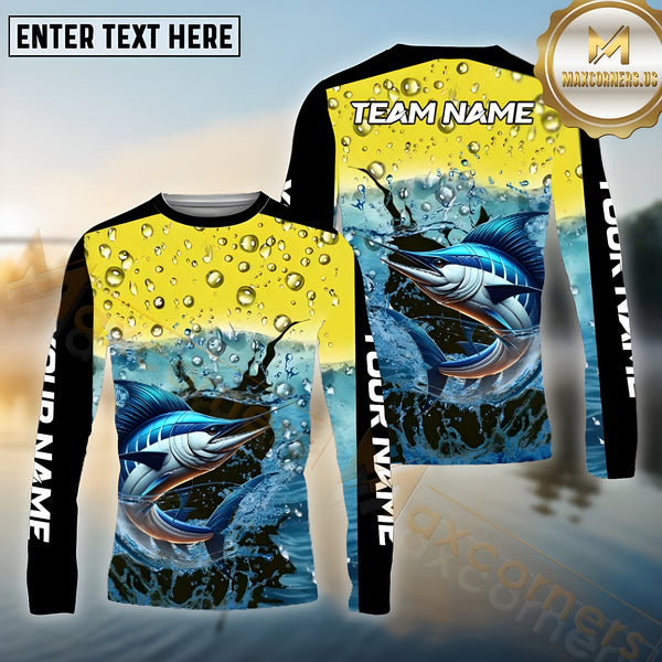 Maxcorners Marlin Fishing Aqua Surge Pattern Sport Jersey Personalized Name, Team Name Long Sleeve Shirt