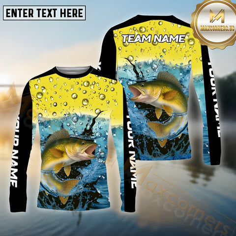 Maxcorners Walleye Fishing Aqua Surge Pattern Sport Jersey Personalized Name, Team Name Long Sleeve Shirt
