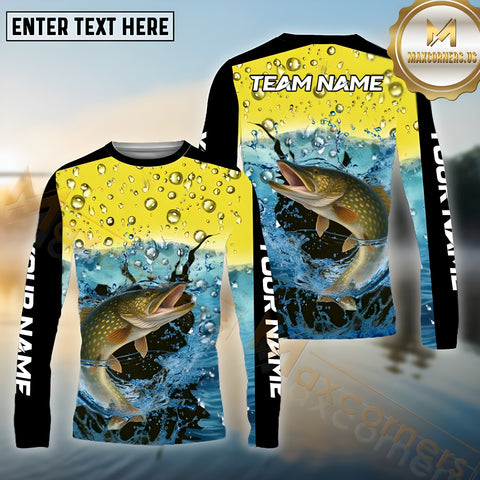 Maxcorners Pike Fishing Aqua Surge Pattern Sport Jersey Personalized Name, Team Name Long Sleeve Shirt