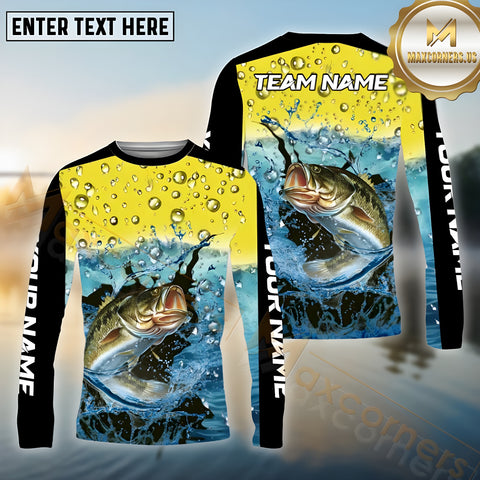 Maxcorners Bass Fishing Aqua Surge Pattern Sport Jersey Personalized Name, Team Name Long Sleeve Shirt